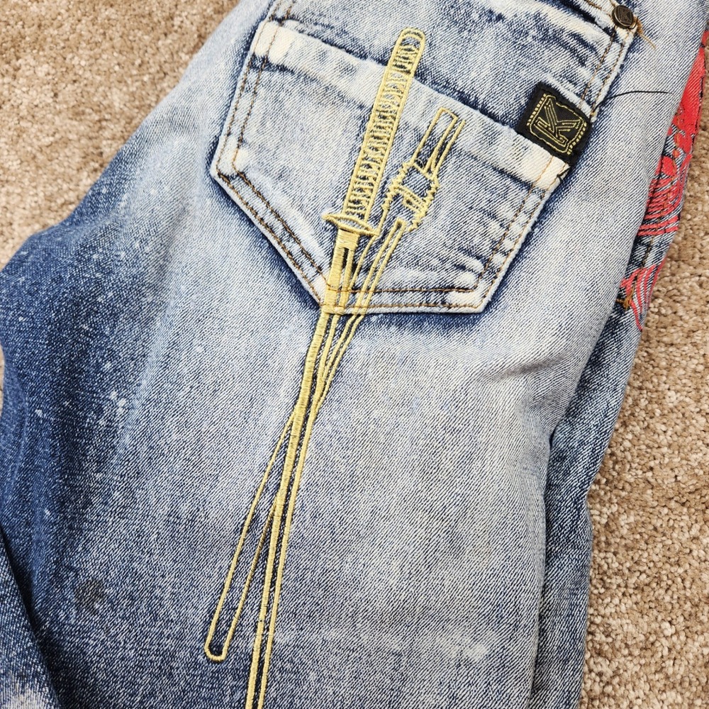 Kryptic x Popeye Mens 32x32 Moto Distressed Samurai Embroidered Jeans Blue Acid - Picture 3 of 9